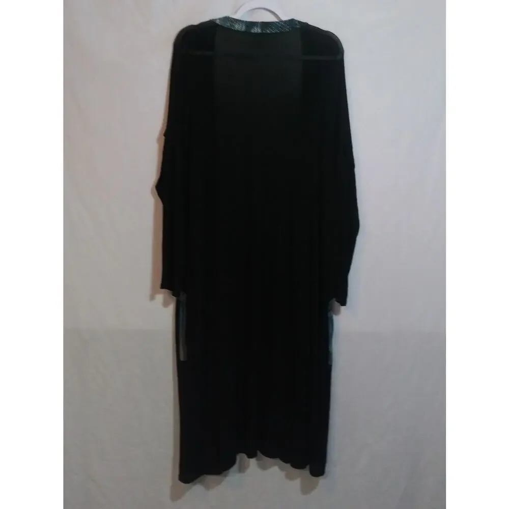 Verda Long Black Open Front Longline Cardigan with Teal Trim Turkish Size XXL